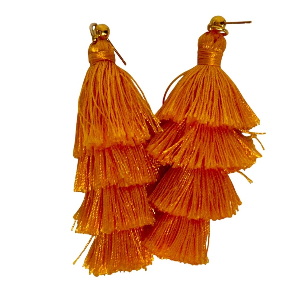 Handcrafted Orange Tiered Tassel Earrings Marigold Boho Fringe Dangle Studs